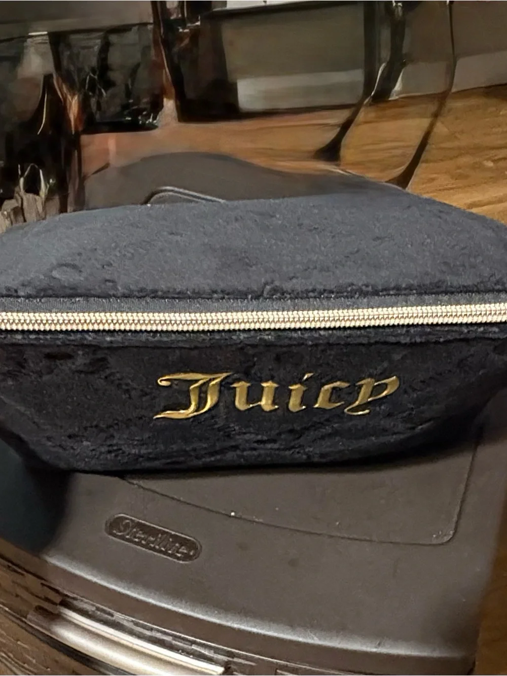 Juicy Couture Black Velvet Cosmetic Pouch with Gold Logo Accent